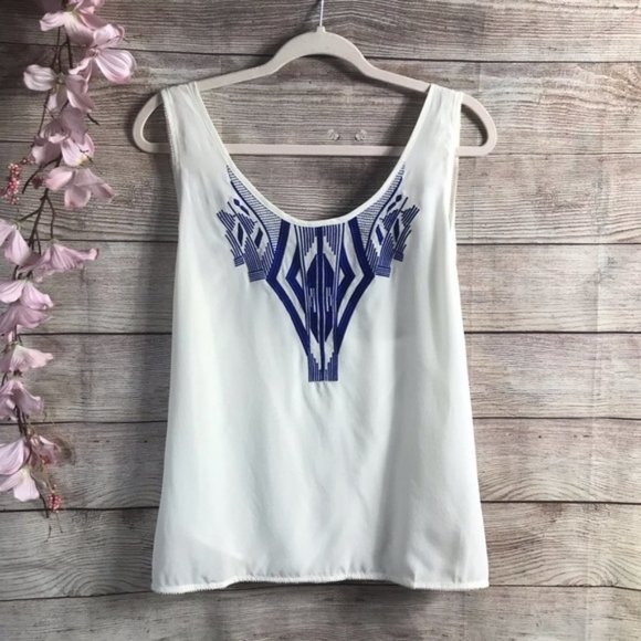 Greylin Tops - Greylin Silk White Art Deco Embroidered Silk Tank
